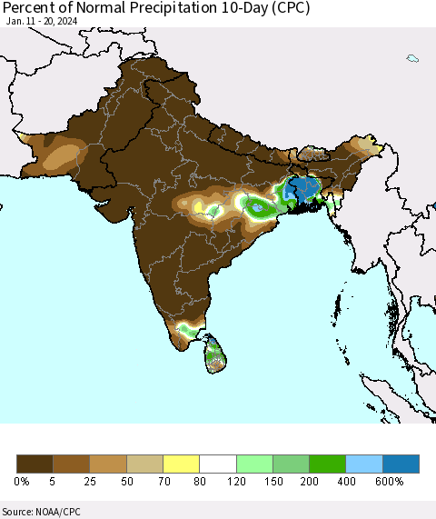 Southern Asia Percent of Normal Precipitation 10-Day (CPC) Thematic Map For 1/11/2024 - 1/20/2024