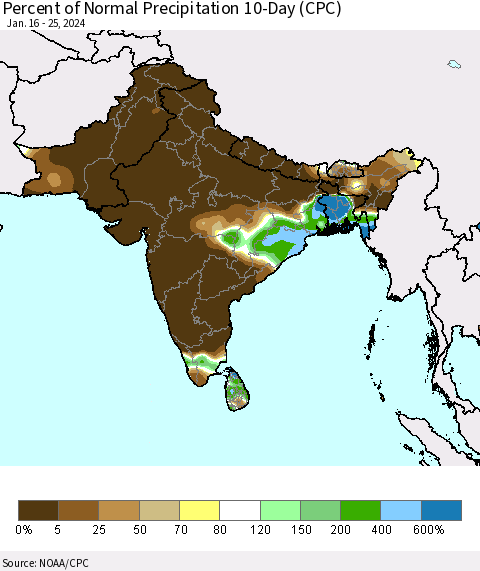 Southern Asia Percent of Normal Precipitation 10-Day (CPC) Thematic Map For 1/16/2024 - 1/25/2024