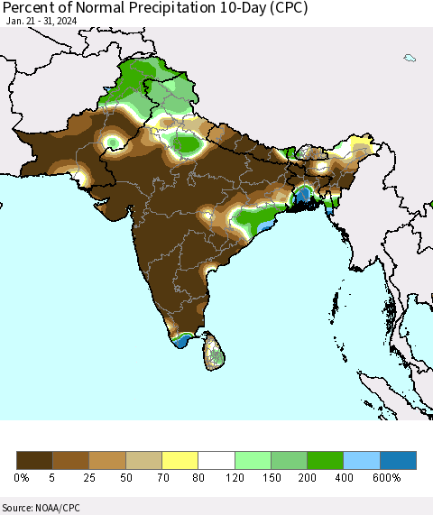 Southern Asia Percent of Normal Precipitation 10-Day (CPC) Thematic Map For 1/21/2024 - 1/31/2024