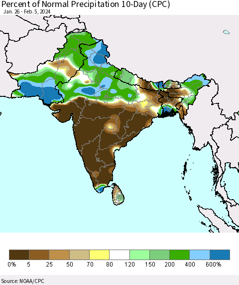 Southern Asia Percent of Normal Precipitation 10-Day (CPC) Thematic Map For 1/26/2024 - 2/5/2024