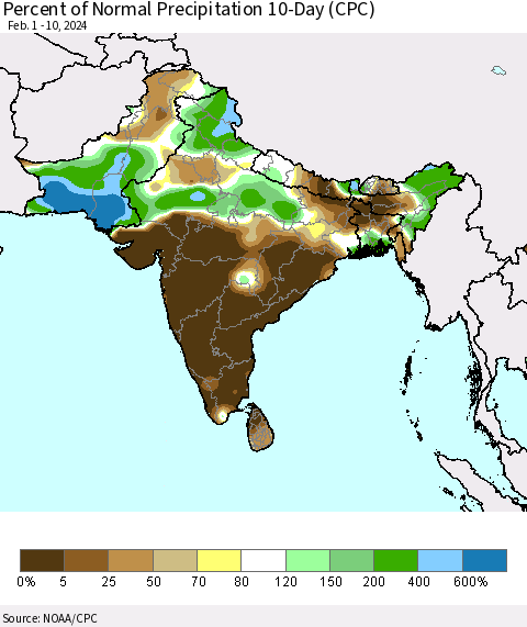 Southern Asia Percent of Normal Precipitation 10-Day (CPC) Thematic Map For 2/1/2024 - 2/10/2024