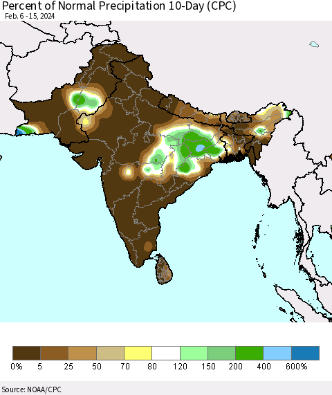Southern Asia Percent of Normal Precipitation 10-Day (CPC) Thematic Map For 2/6/2024 - 2/15/2024