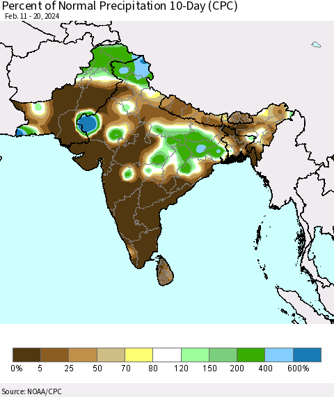 Southern Asia Percent of Normal Precipitation 10-Day (CPC) Thematic Map For 2/11/2024 - 2/20/2024