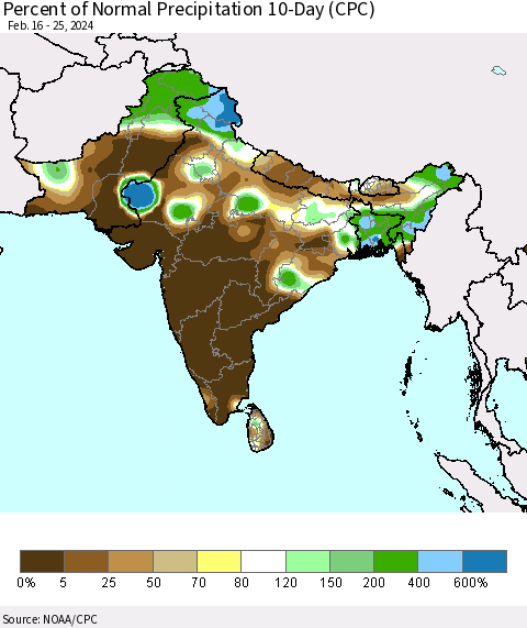 Southern Asia Percent of Normal Precipitation 10-Day (CPC) Thematic Map For 2/16/2024 - 2/25/2024