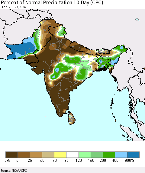 Southern Asia Percent of Normal Precipitation 10-Day (CPC) Thematic Map For 2/21/2024 - 2/29/2024