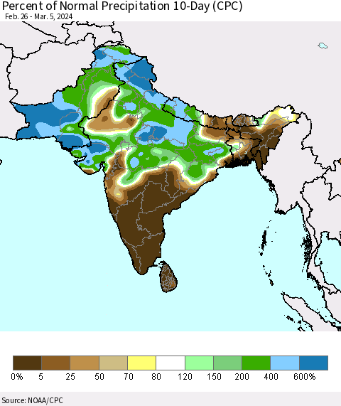 Southern Asia Percent of Normal Precipitation 10-Day (CPC) Thematic Map For 2/26/2024 - 3/5/2024