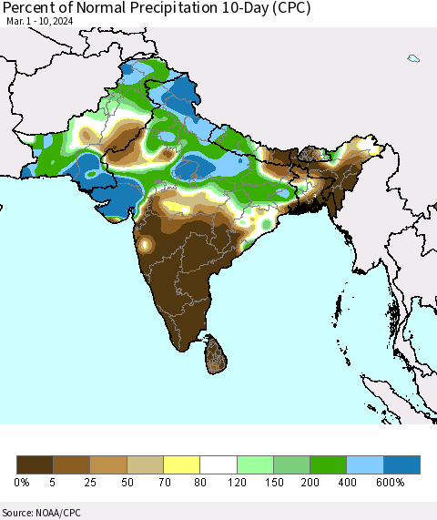 Southern Asia Percent of Normal Precipitation 10-Day (CPC) Thematic Map For 3/1/2024 - 3/10/2024