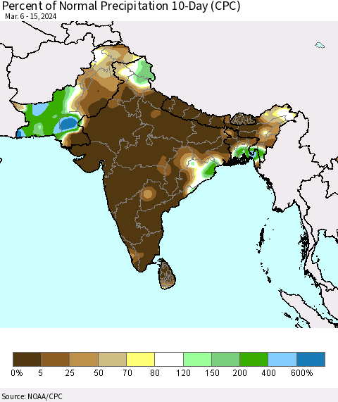 Southern Asia Percent of Normal Precipitation 10-Day (CPC) Thematic Map For 3/6/2024 - 3/15/2024