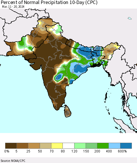 Southern Asia Percent of Normal Precipitation 10-Day (CPC) Thematic Map For 3/11/2024 - 3/20/2024