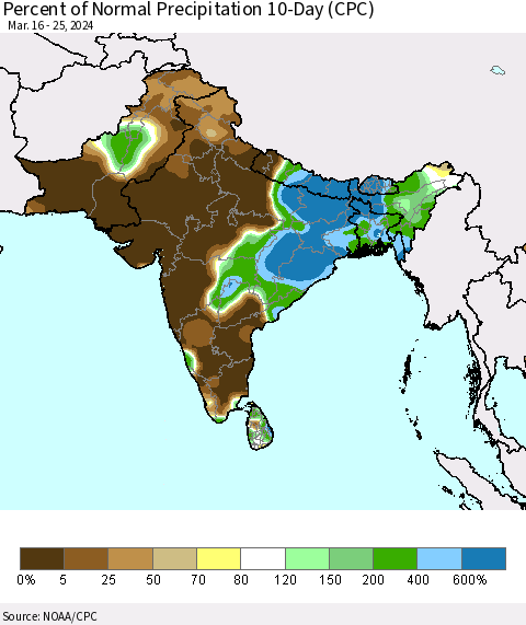 Southern Asia Percent of Normal Precipitation 10-Day (CPC) Thematic Map For 3/16/2024 - 3/25/2024