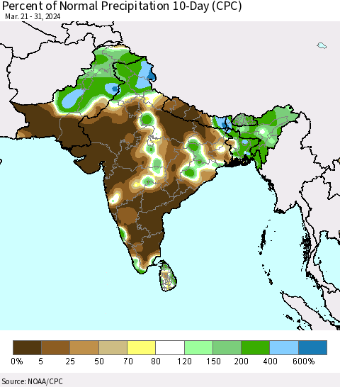 Southern Asia Percent of Normal Precipitation 10-Day (CPC) Thematic Map For 3/21/2024 - 3/31/2024