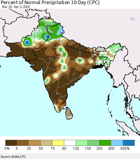 Southern Asia Percent of Normal Precipitation 10-Day (CPC) Thematic Map For 3/26/2024 - 4/5/2024