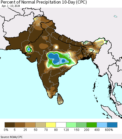 Southern Asia Percent of Normal Precipitation 10-Day (CPC) Thematic Map For 4/1/2024 - 4/10/2024