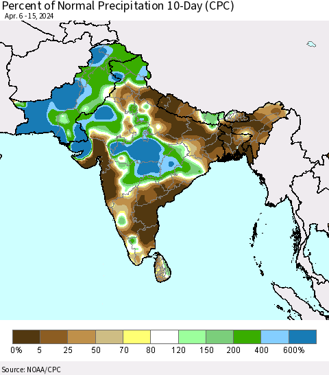 Southern Asia Percent of Normal Precipitation 10-Day (CPC) Thematic Map For 4/6/2024 - 4/15/2024