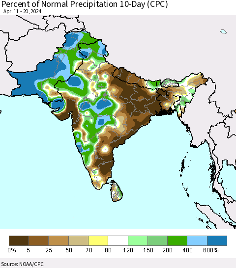 Southern Asia Percent of Normal Precipitation 10-Day (CPC) Thematic Map For 4/11/2024 - 4/20/2024