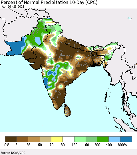 Southern Asia Percent of Normal Precipitation 10-Day (CPC) Thematic Map For 4/16/2024 - 4/25/2024