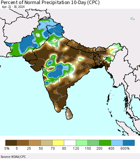 Southern Asia Percent of Normal Precipitation 10-Day (CPC) Thematic Map For 4/21/2024 - 4/30/2024