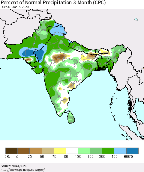 Southern Asia Percent of Normal Precipitation 3-Month (CPC) Thematic Map For 10/6/2019 - 1/5/2020