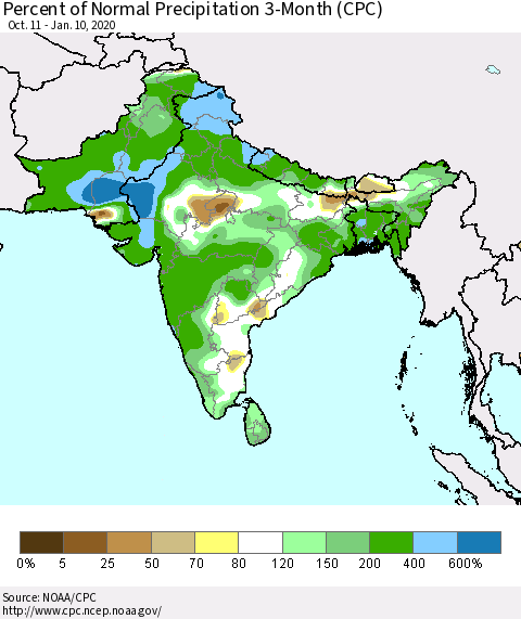 Southern Asia Percent of Normal Precipitation 3-Month (CPC) Thematic Map For 10/11/2019 - 1/10/2020