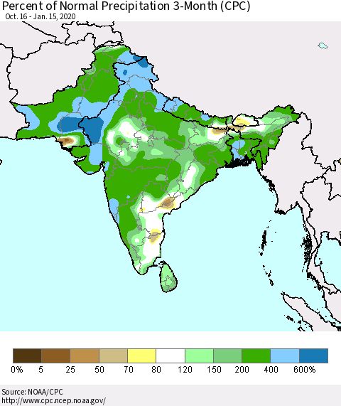 Southern Asia Percent of Normal Precipitation 3-Month (CPC) Thematic Map For 10/16/2019 - 1/15/2020