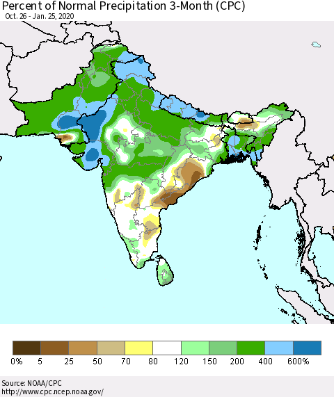 Southern Asia Percent of Normal Precipitation 3-Month (CPC) Thematic Map For 10/26/2019 - 1/25/2020