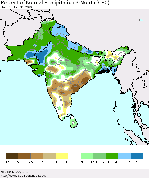 Southern Asia Percent of Normal Precipitation 3-Month (CPC) Thematic Map For 11/1/2019 - 1/31/2020