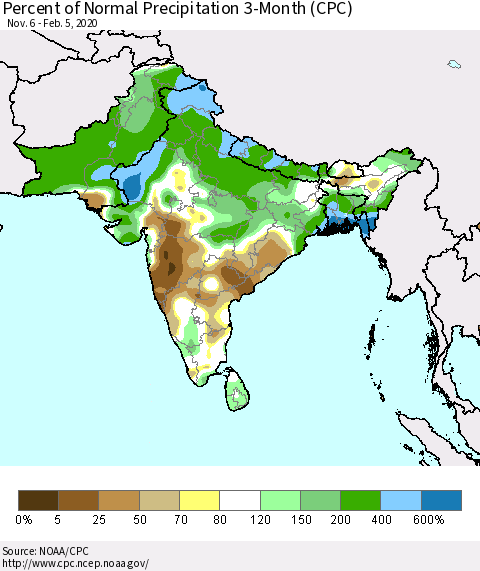 Southern Asia Percent of Normal Precipitation 3-Month (CPC) Thematic Map For 11/6/2019 - 2/5/2020