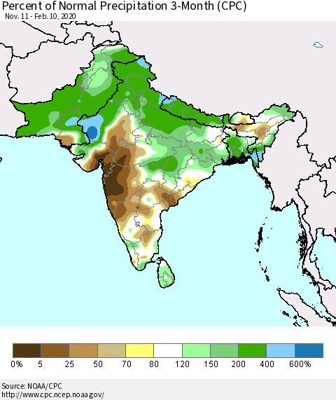 Southern Asia Percent of Normal Precipitation 3-Month (CPC) Thematic Map For 11/11/2019 - 2/10/2020
