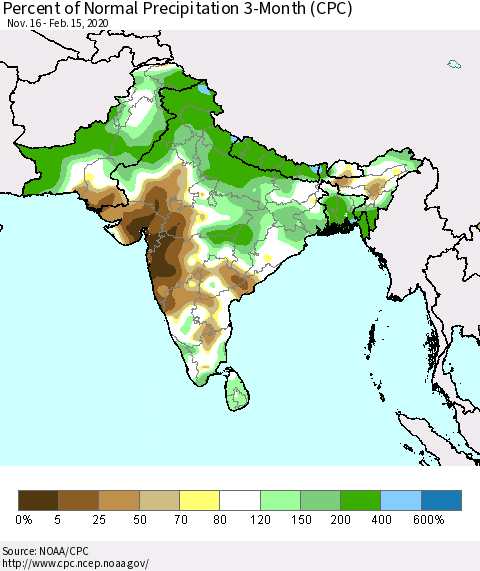 Southern Asia Percent of Normal Precipitation 3-Month (CPC) Thematic Map For 11/16/2019 - 2/15/2020