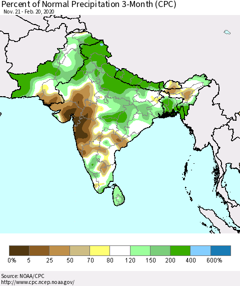 Southern Asia Percent of Normal Precipitation 3-Month (CPC) Thematic Map For 11/21/2019 - 2/20/2020
