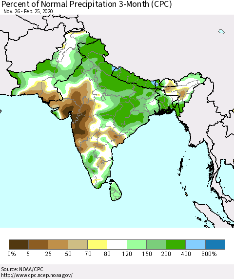 Southern Asia Percent of Normal Precipitation 3-Month (CPC) Thematic Map For 11/26/2019 - 2/25/2020