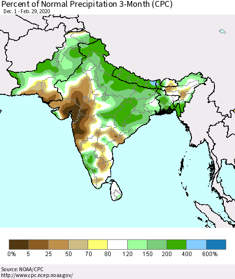 Southern Asia Percent of Normal Precipitation 3-Month (CPC) Thematic Map For 12/1/2019 - 2/29/2020
