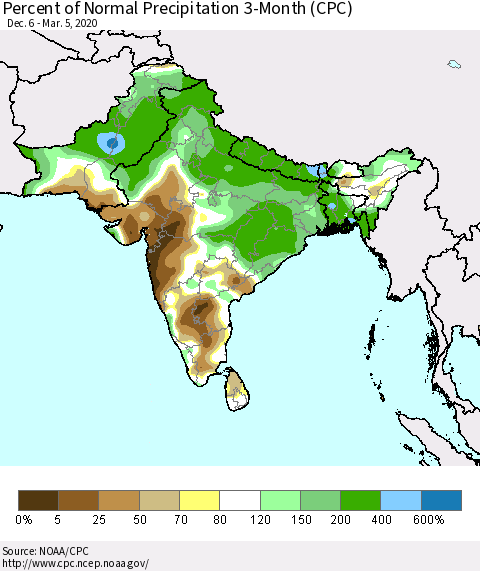 Southern Asia Percent of Normal Precipitation 3-Month (CPC) Thematic Map For 12/6/2019 - 3/5/2020