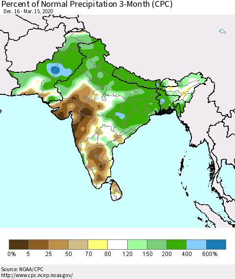 Southern Asia Percent of Normal Precipitation 3-Month (CPC) Thematic Map For 12/16/2019 - 3/15/2020