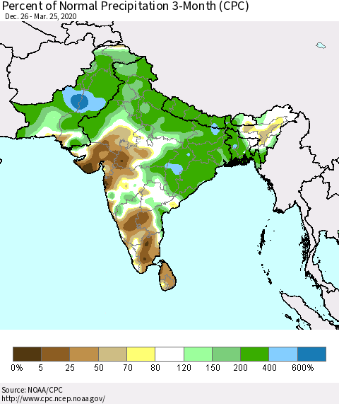 Southern Asia Percent of Normal Precipitation 3-Month (CPC) Thematic Map For 12/26/2019 - 3/25/2020
