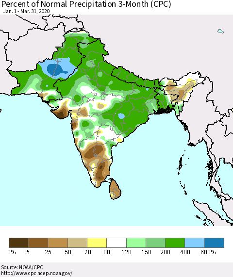 Southern Asia Percent of Normal Precipitation 3-Month (CPC) Thematic Map For 1/1/2020 - 3/31/2020