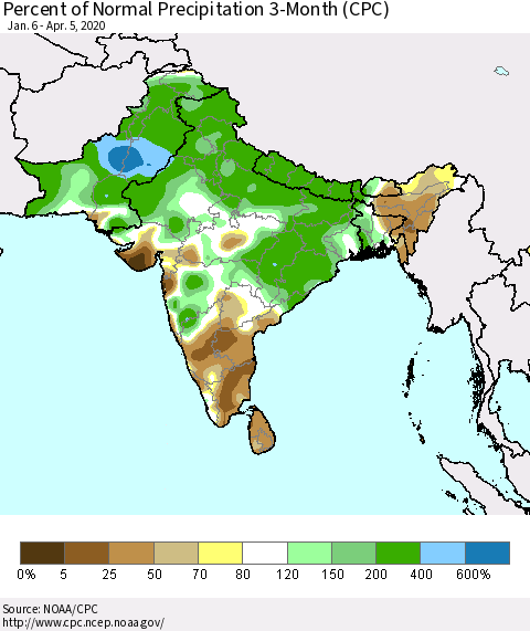 Southern Asia Percent of Normal Precipitation 3-Month (CPC) Thematic Map For 1/6/2020 - 4/5/2020