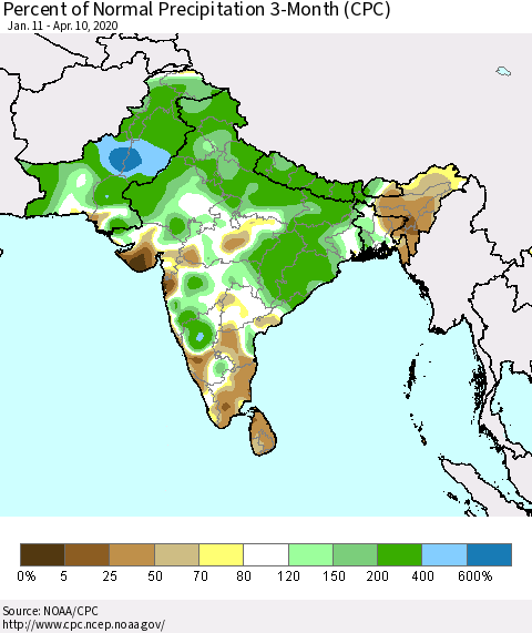 Southern Asia Percent of Normal Precipitation 3-Month (CPC) Thematic Map For 1/11/2020 - 4/10/2020