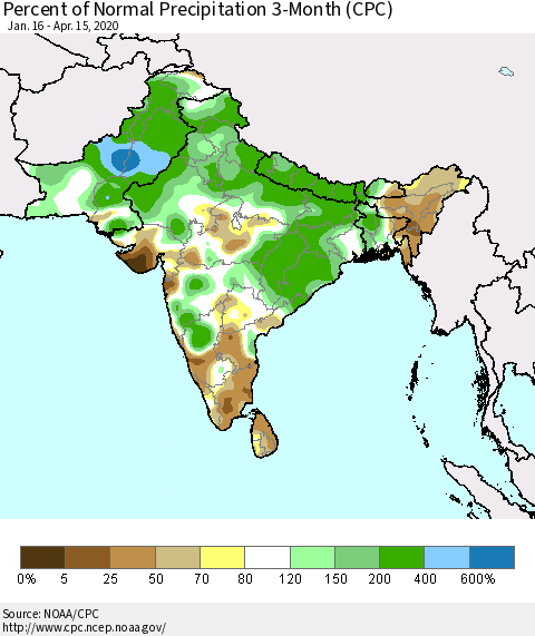 Southern Asia Percent of Normal Precipitation 3-Month (CPC) Thematic Map For 1/16/2020 - 4/15/2020