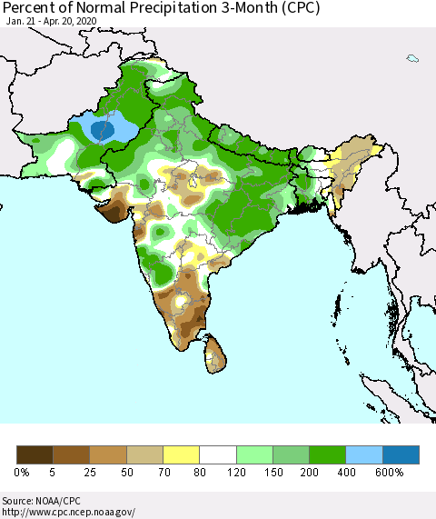 Southern Asia Percent of Normal Precipitation 3-Month (CPC) Thematic Map For 1/21/2020 - 4/20/2020