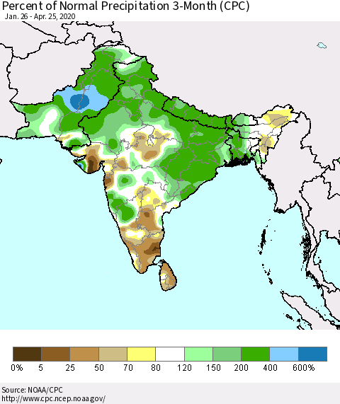Southern Asia Percent of Normal Precipitation 3-Month (CPC) Thematic Map For 1/26/2020 - 4/25/2020