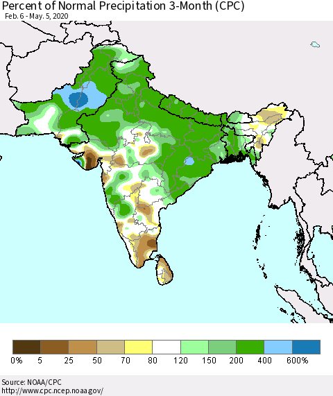 Southern Asia Percent of Normal Precipitation 3-Month (CPC) Thematic Map For 2/6/2020 - 5/5/2020