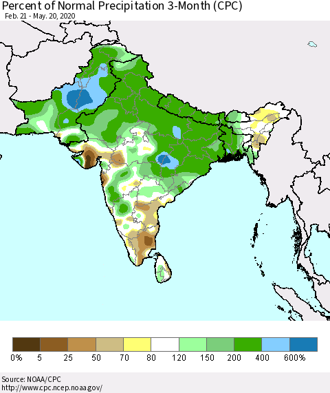 Southern Asia Percent of Normal Precipitation 3-Month (CPC) Thematic Map For 2/21/2020 - 5/20/2020
