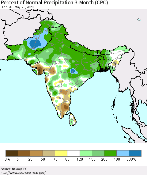 Southern Asia Percent of Normal Precipitation 3-Month (CPC) Thematic Map For 2/26/2020 - 5/25/2020