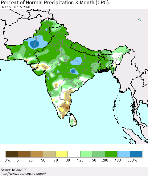 Southern Asia Percent of Normal Precipitation 3-Month (CPC) Thematic Map For 3/6/2020 - 6/5/2020