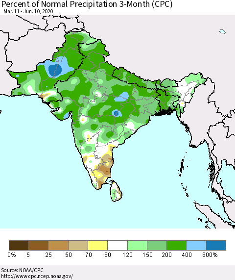Southern Asia Percent of Normal Precipitation 3-Month (CPC) Thematic Map For 3/11/2020 - 6/10/2020
