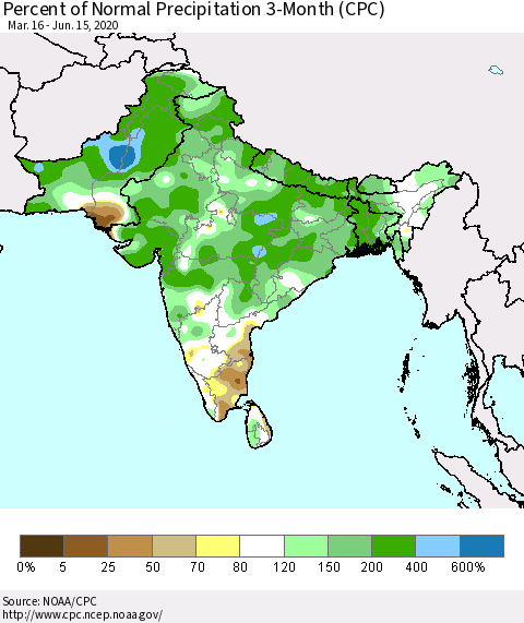 Southern Asia Percent of Normal Precipitation 3-Month (CPC) Thematic Map For 3/16/2020 - 6/15/2020