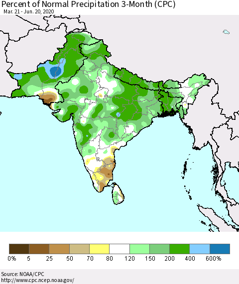Southern Asia Percent of Normal Precipitation 3-Month (CPC) Thematic Map For 3/21/2020 - 6/20/2020