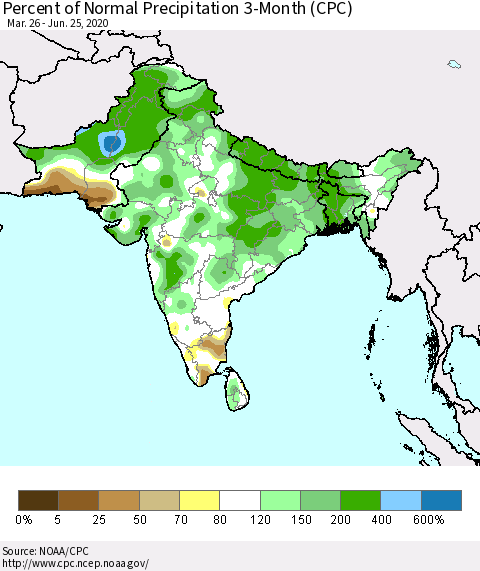 Southern Asia Percent of Normal Precipitation 3-Month (CPC) Thematic Map For 3/26/2020 - 6/25/2020