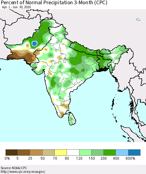 Southern Asia Percent of Normal Precipitation 3-Month (CPC) Thematic Map For 4/1/2020 - 6/30/2020